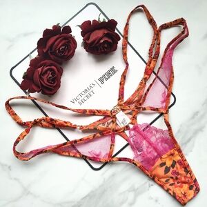 NWT VICTORIA'S SECRET VERY SEXY TROPICAL SATIN LACE HIGH-LEG STRAPPY THONG PANTY